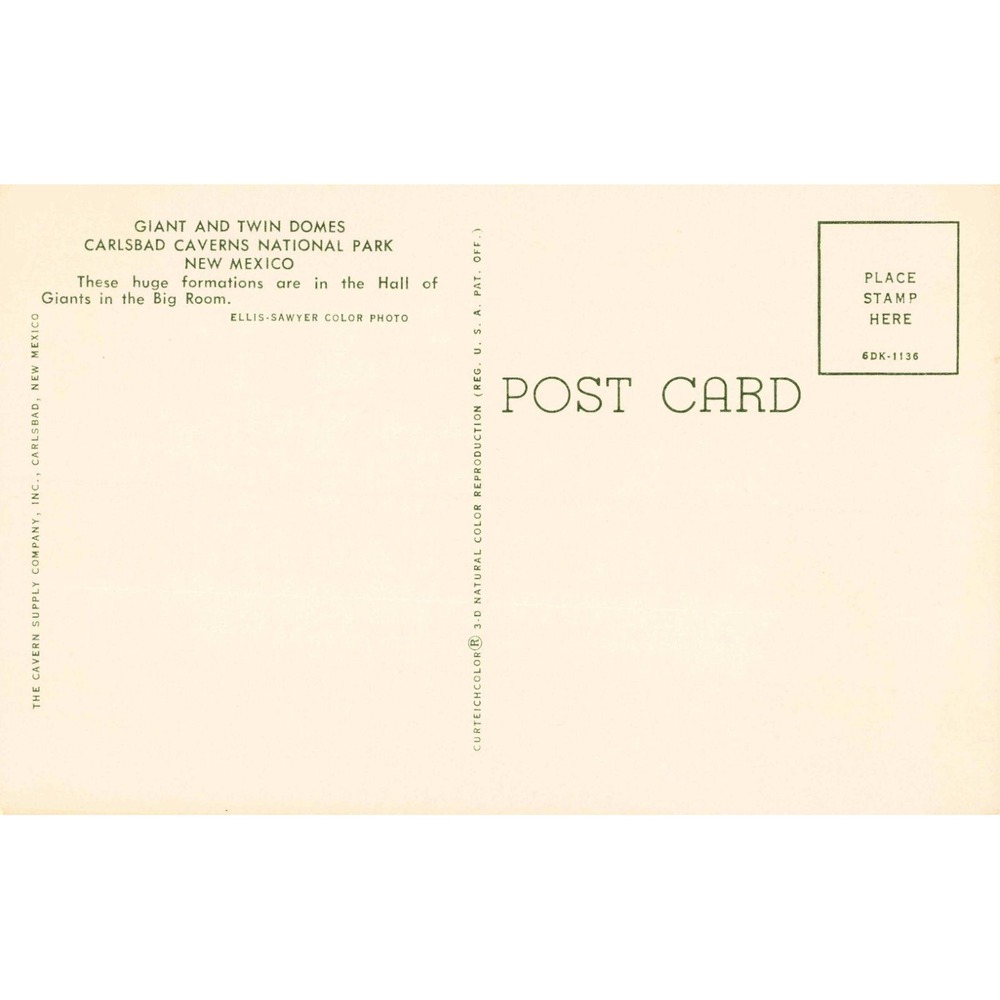 Vintage Carlsbad Caverns Postcard Giant and Twin Domes Hall of Giants NM - Picture 2 of 2